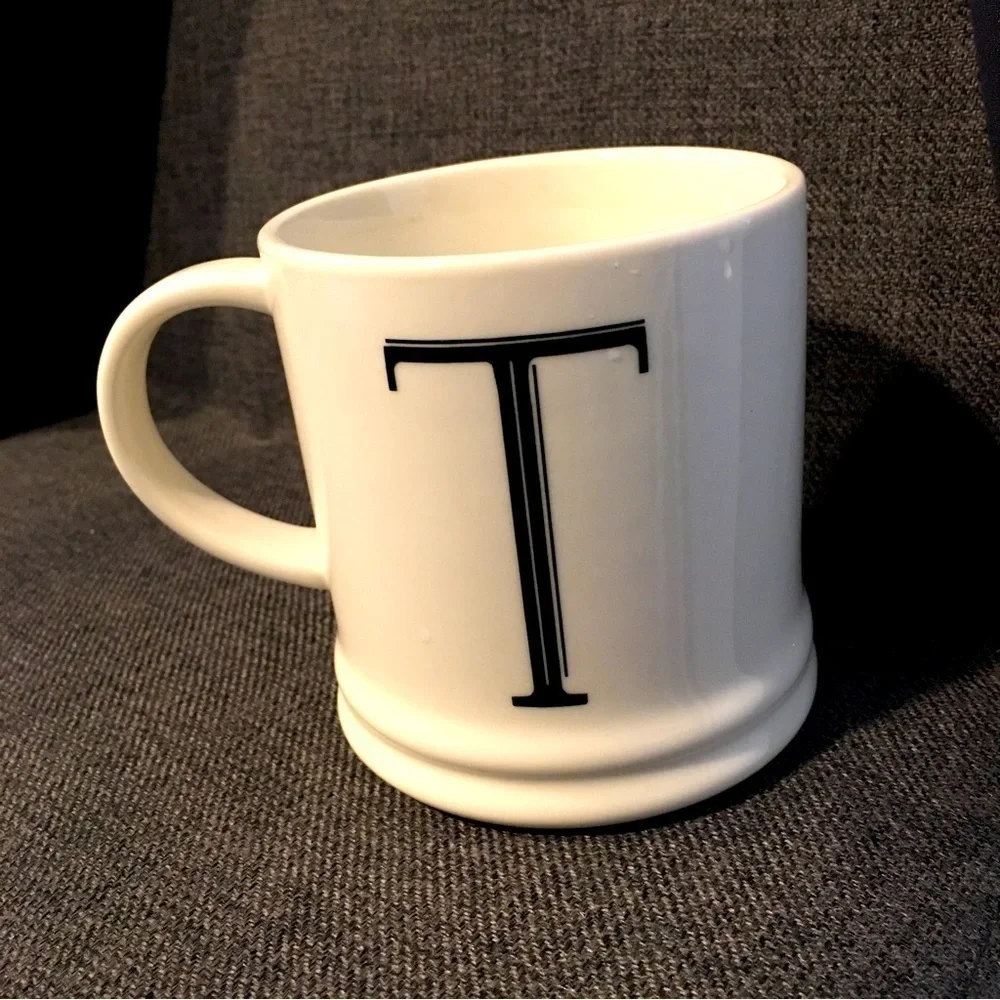 “T” Initial Coffee Mug, White, Black, 15 oz